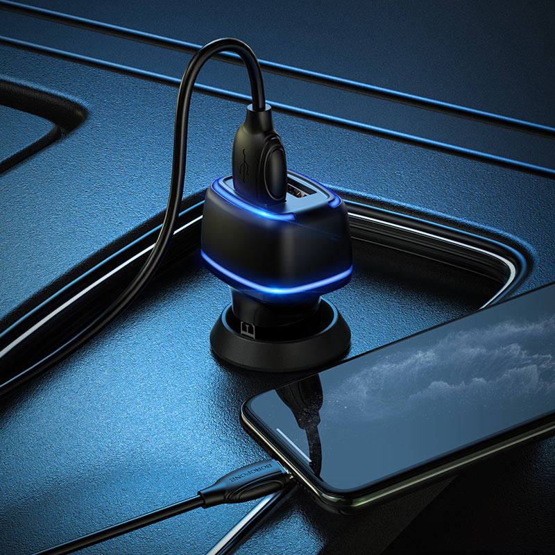 borofone-bz14-max-dual-port-ambient-light-car-charger-lightning-set-charging